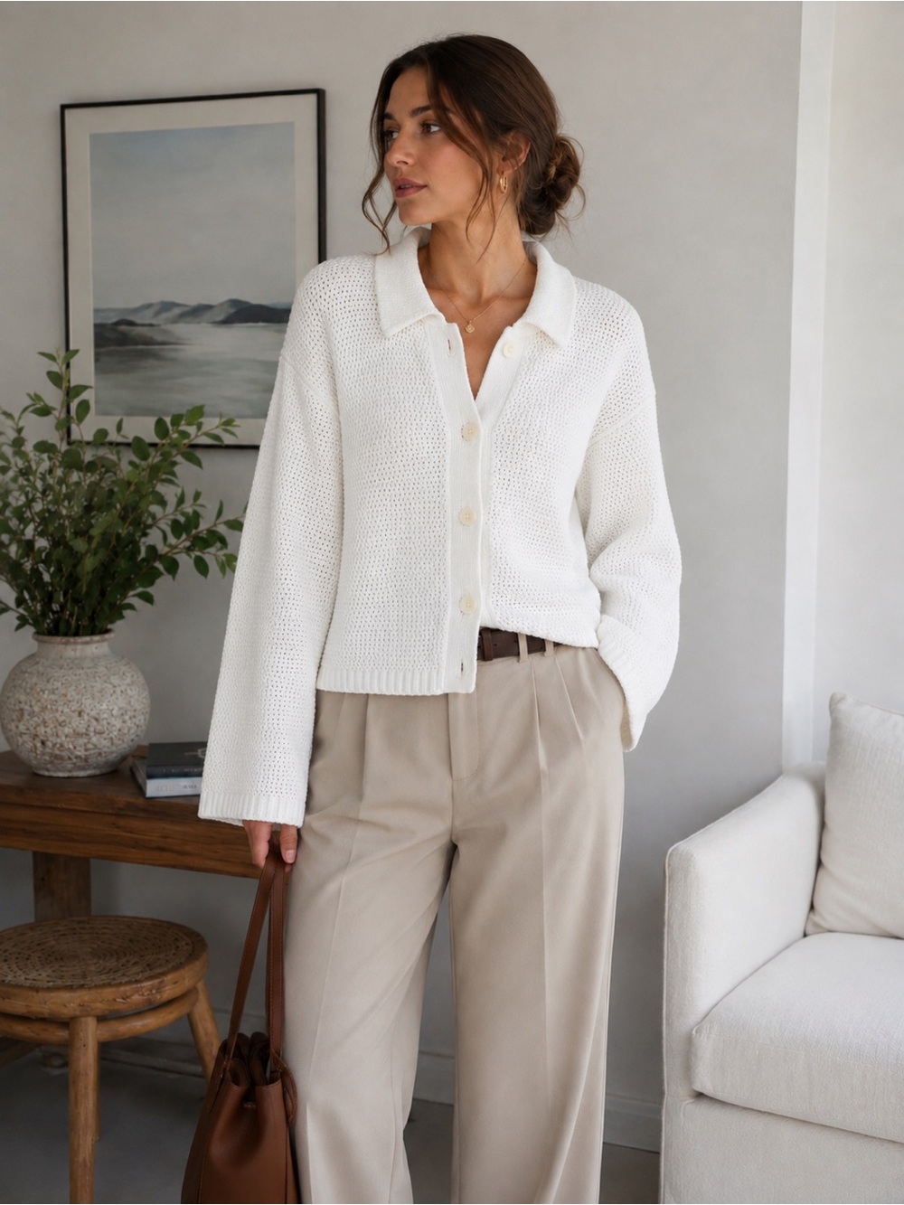 NWT G/FORE Cosa Cotton Blend Cardigan Snow White Button Front Sweater Size L